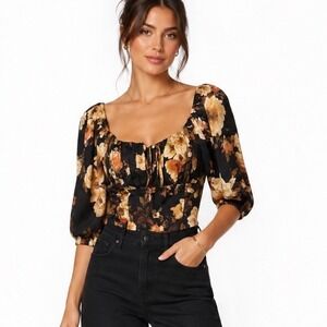 Blu Pepper Black Floral Puff Sleeve‎ Crop Top CR2131 size Small